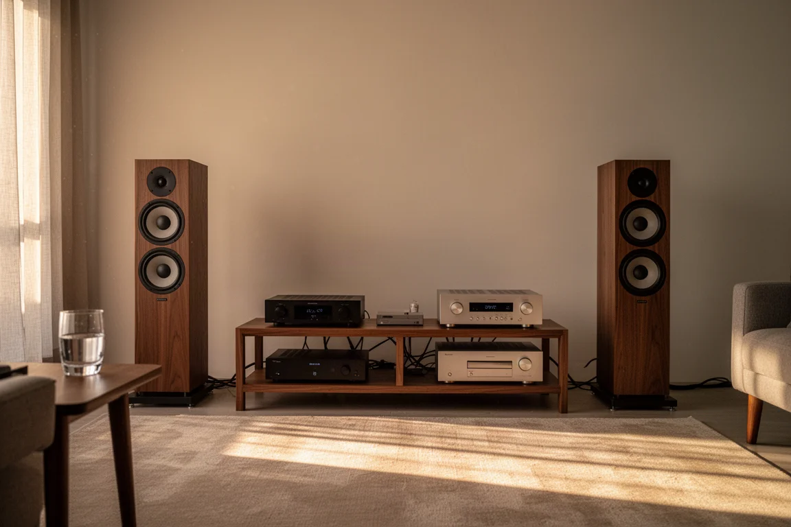Standlautsprecher und ein Hi-Fi-Rack in einem warmen Wohnzimmer-Hörplatz
