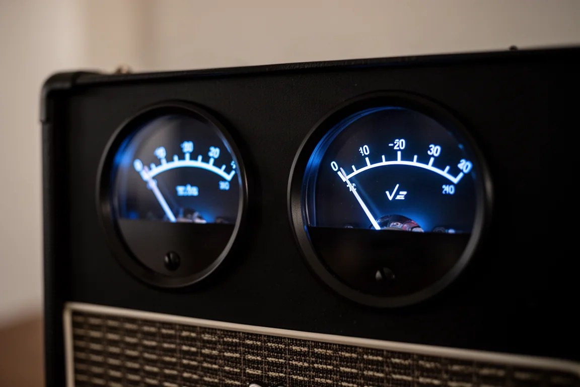 Nahaufnahme blau beleuchteter analoger VU-Meter-Nadeln an einem Verstärker in einem dunklen Raum