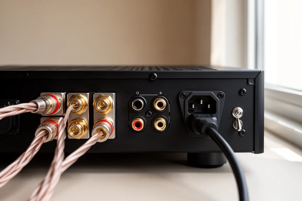 Detail der Rückseite eines Verstärkers mit Lautsprecherklemmen, XLR-Buchsen und Netzeingang