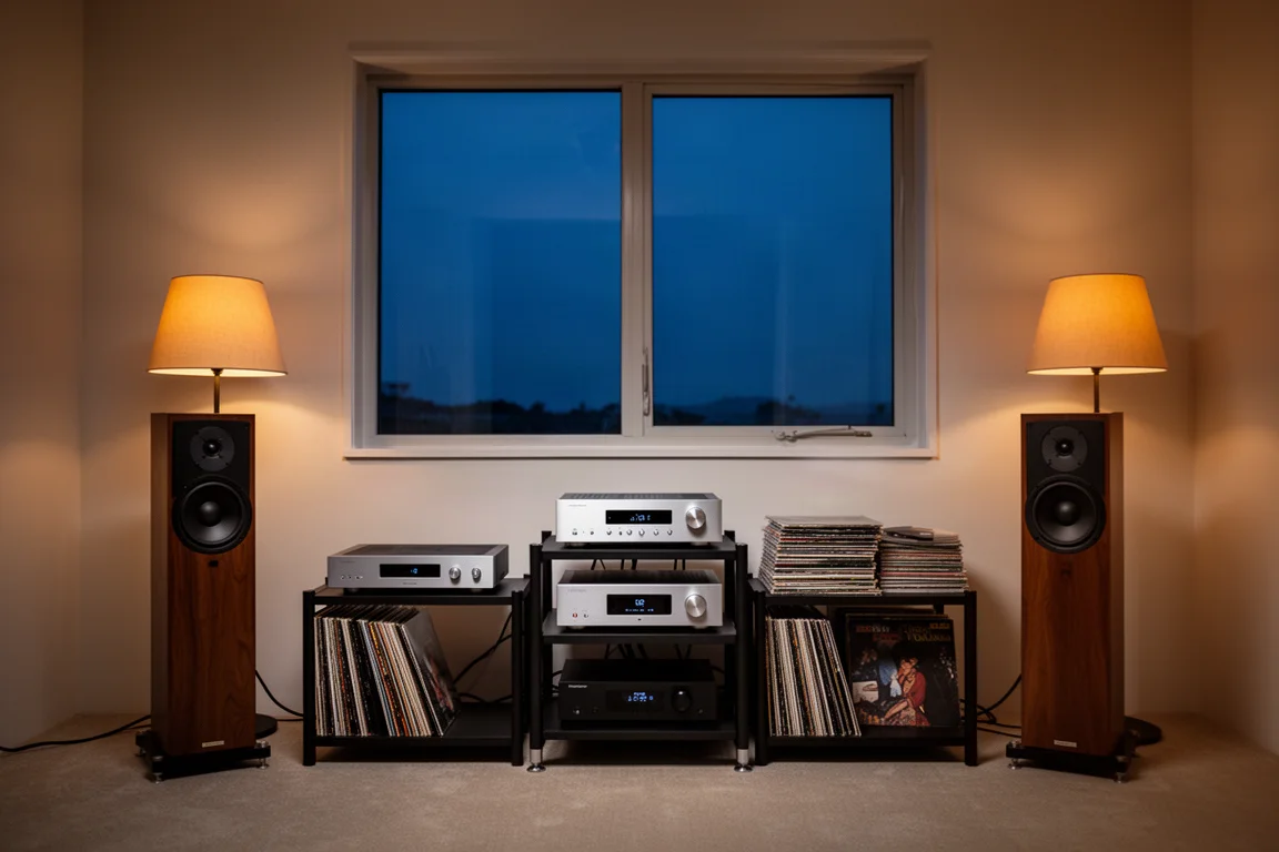 Hörraum in der Abenddämmerung mit einem Hi-Fi-Rack zwischen zwei Lautsprechern und warmem Lampenlicht