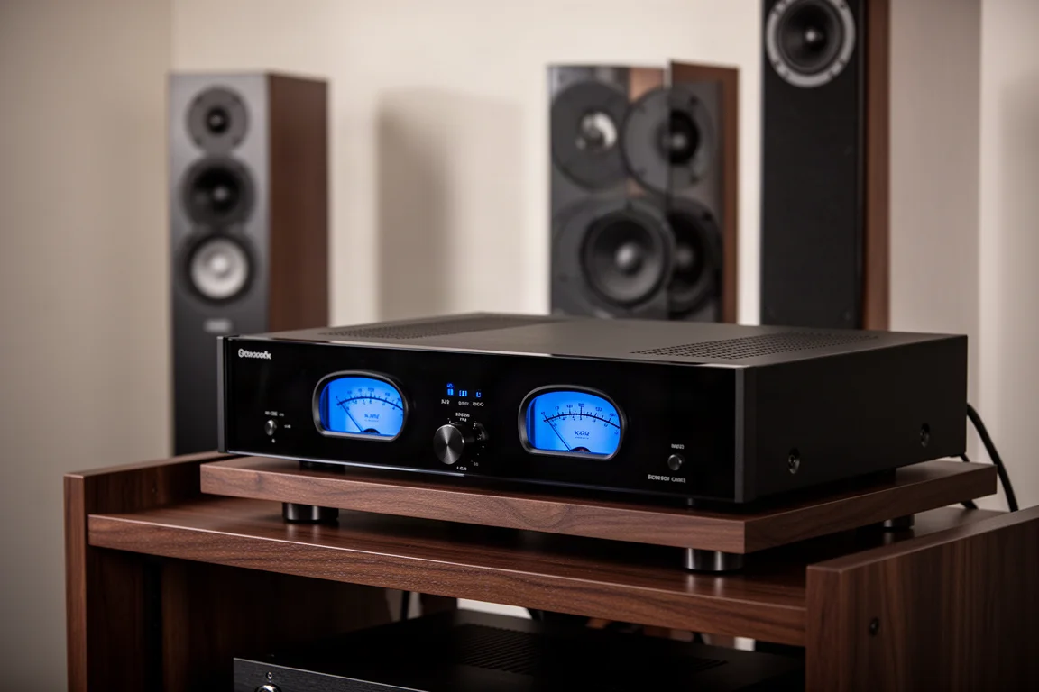 Black stereo power amplifier with glowing blue VU meters on a dark wood hi-fi rack