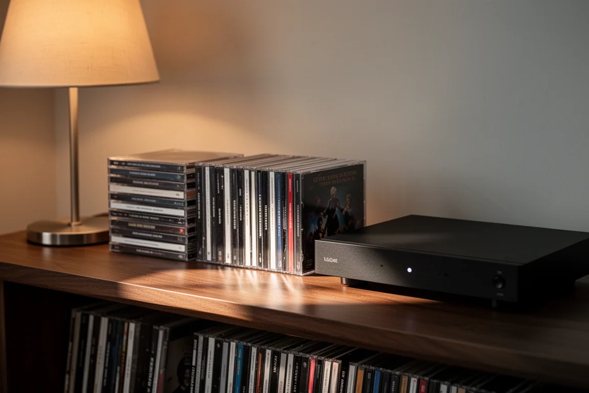 Hi-fi-rek in een luisterruimte met rijen compact discs naast een slank zwart audiocomponent