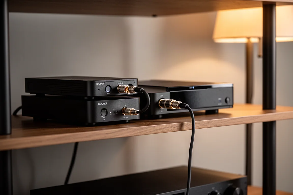 Twee compacte zwarte digitale audiocomponenten op een hi-fi-rek, verbonden met een korte coaxkabel
