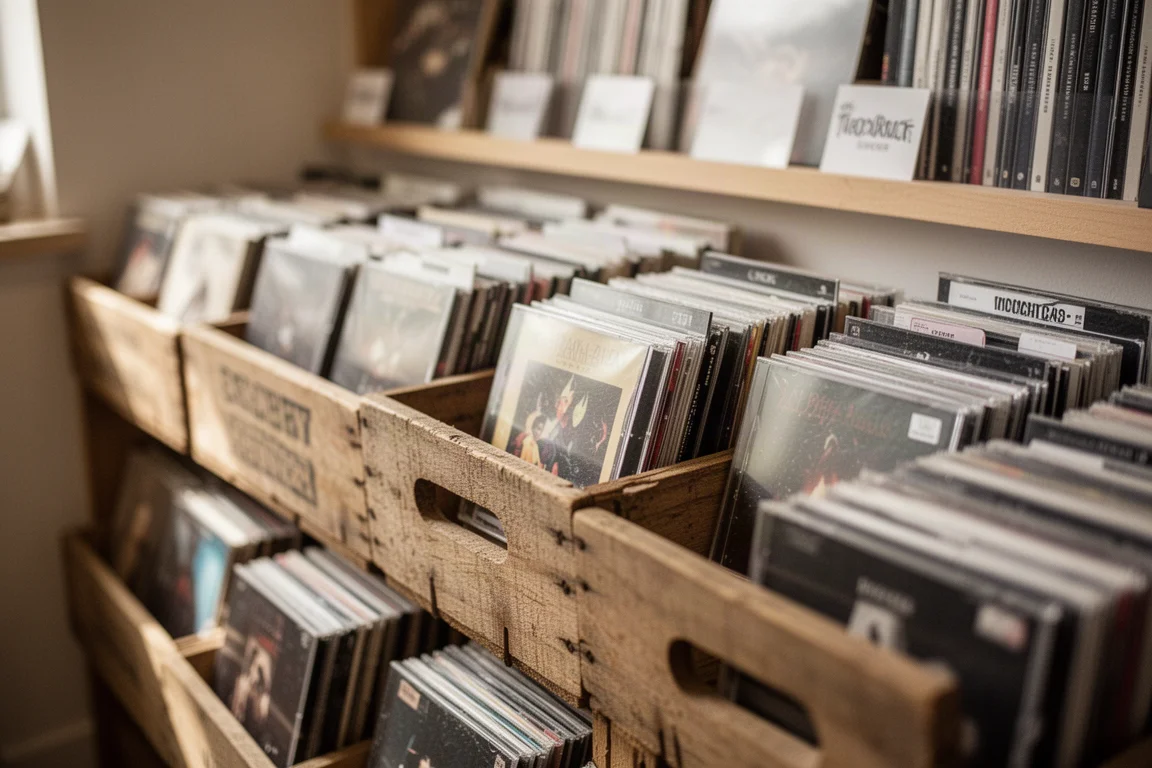 Kisten en rekken vol tweedehands compact discs in een rustige platenzaak