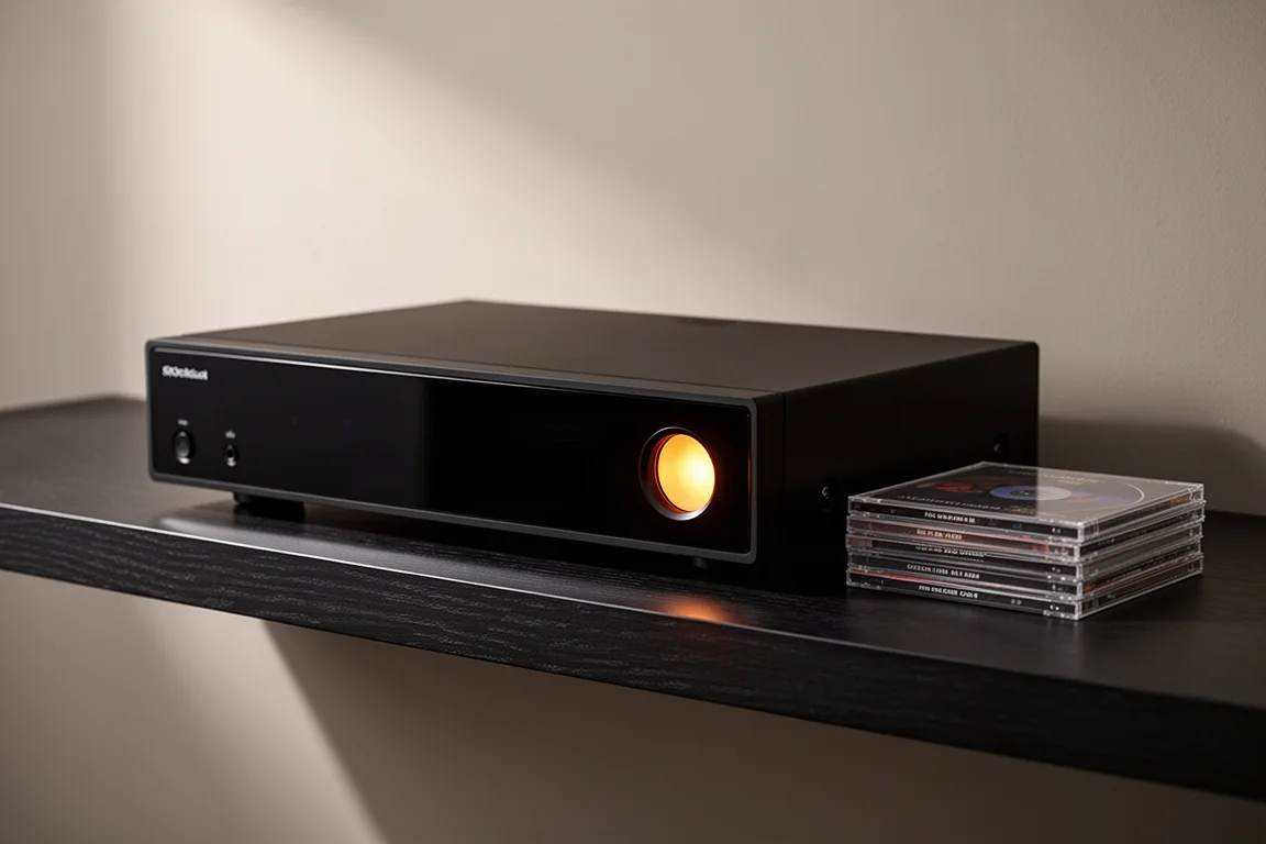 Slim black CD player with a glowing tube window on a dark wood shelf beside compact discs