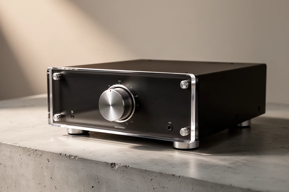 Integrated amplifier with clear plexiglass front panel and central volume knob on concrete