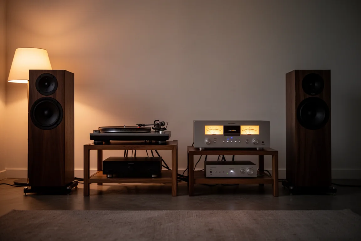 Pièce d'écoute chaleureuse avec une platine vinyle, un amplificateur et des enceintes colonnes dans une lumière de soirée tamisée