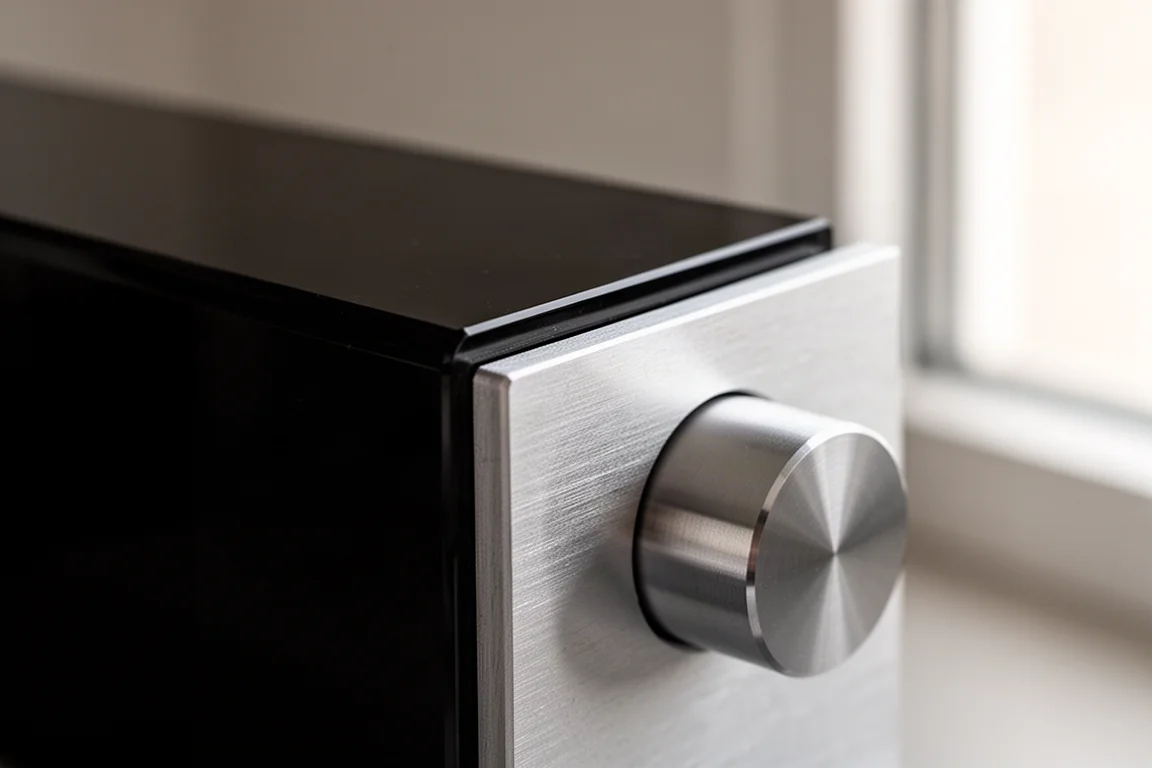 Gros plan sur le bord d'un épais panneau avant brillant et un grand bouton de commande usiné