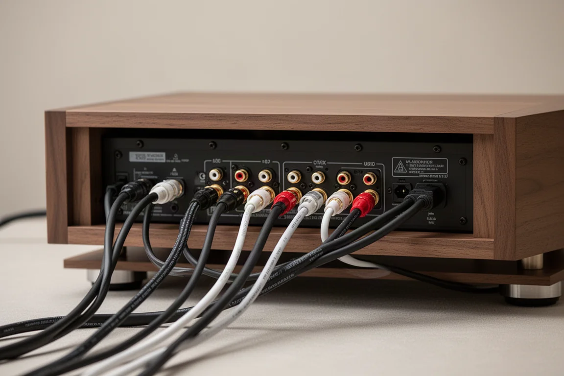 Câbles de liaison et d'enceintes soigneusement acheminés derrière un rack hi-fi en bois