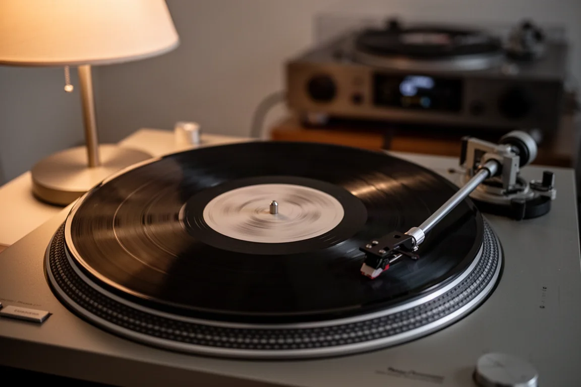 Disque vinyle tournant sur une platine dans une pièce d'écoute sombre éclairée par une lampe chaude