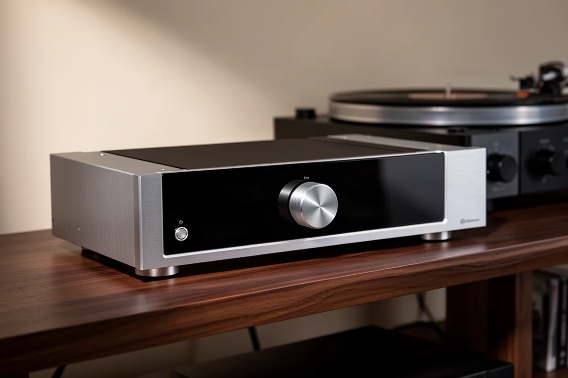 Slim hi-fi preamplifier with glossy black front panel and central volume knob on a wooden shelf
