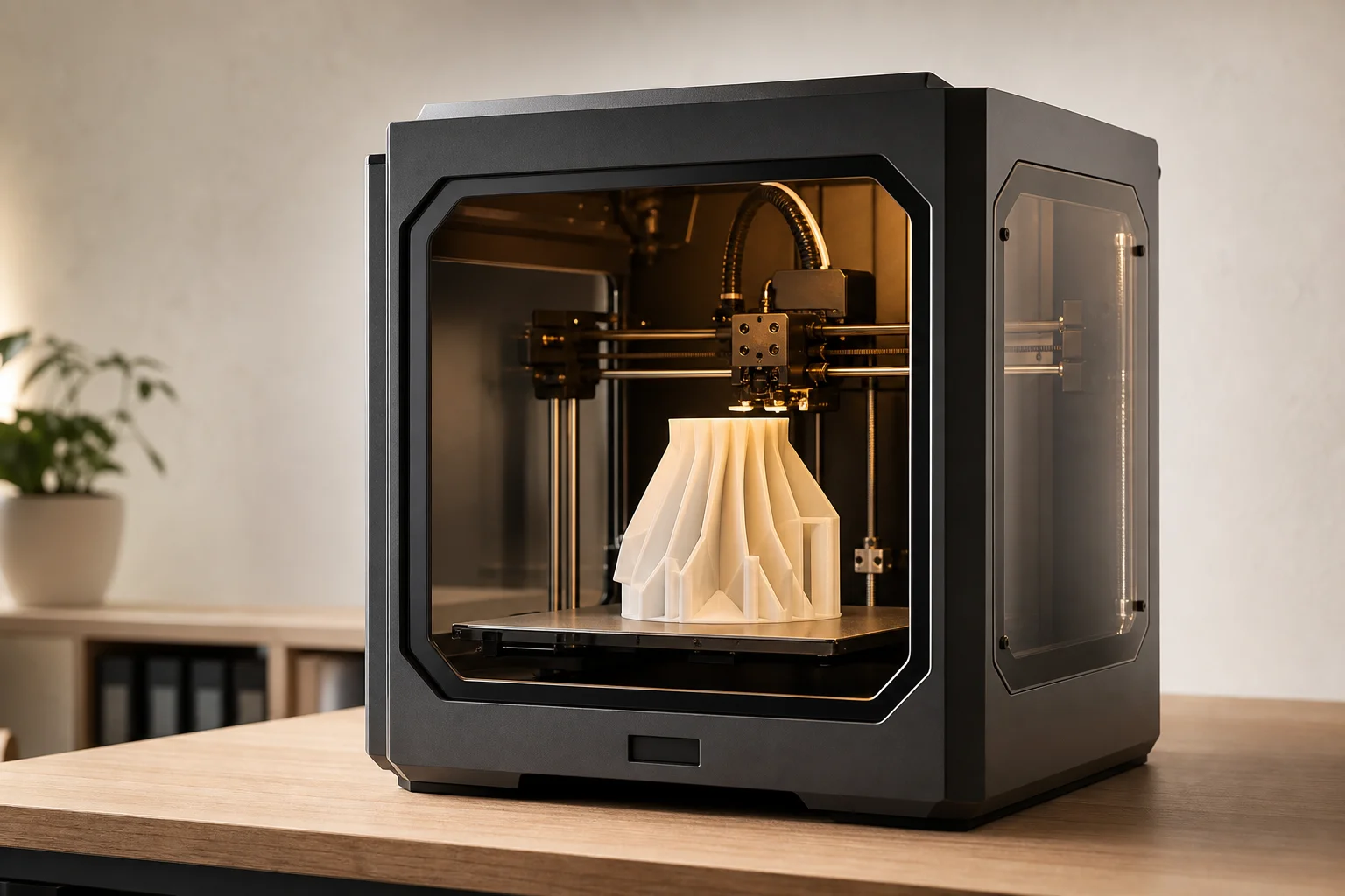 3D-Drucker mit geschlossenem Bauraum beim Drucken einer weißen Komponente
