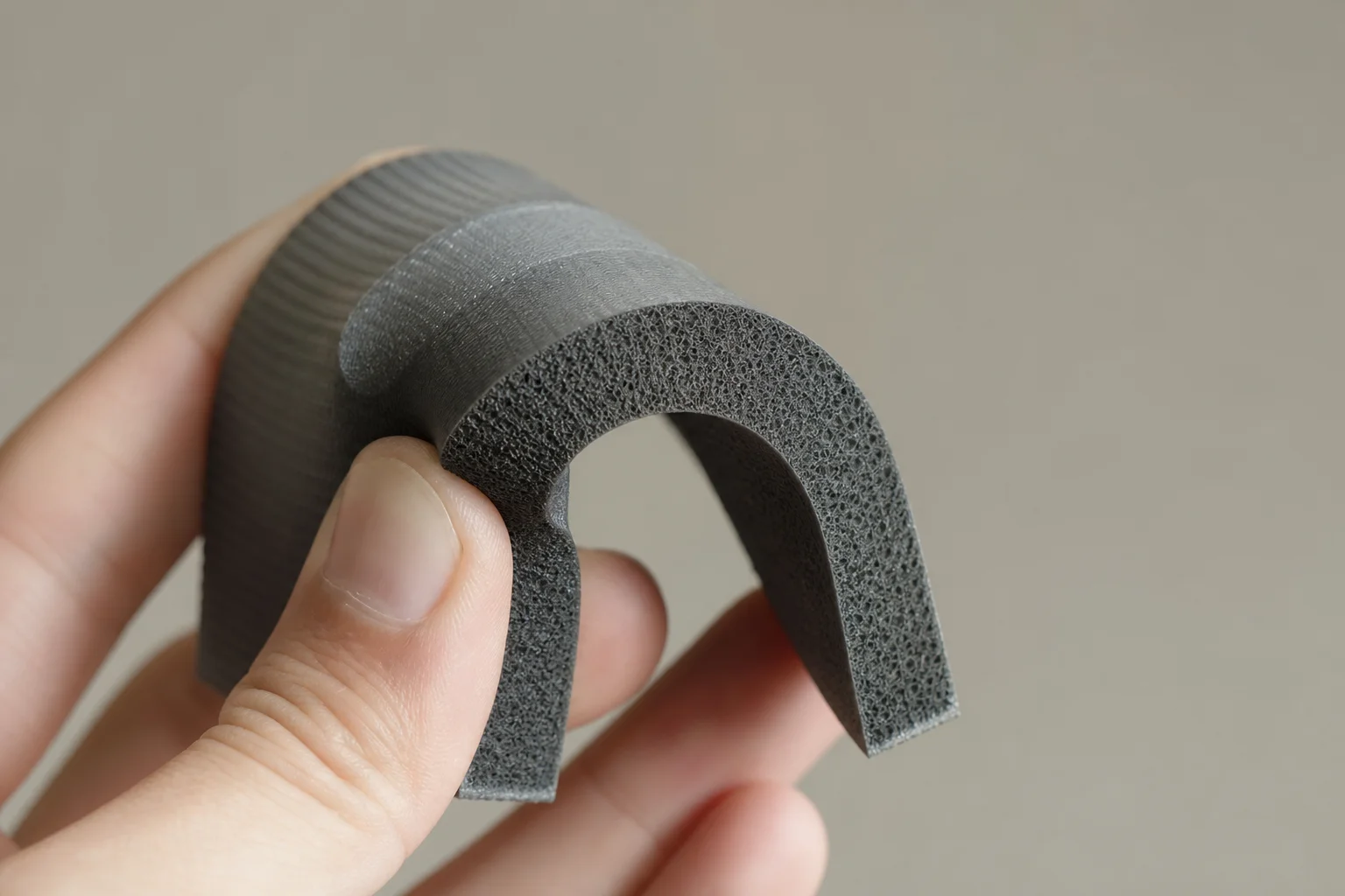 Nahaufnahme eines flexiblen, schaumartigen 3D-Druckteils mit EVA-Schaum-Optik