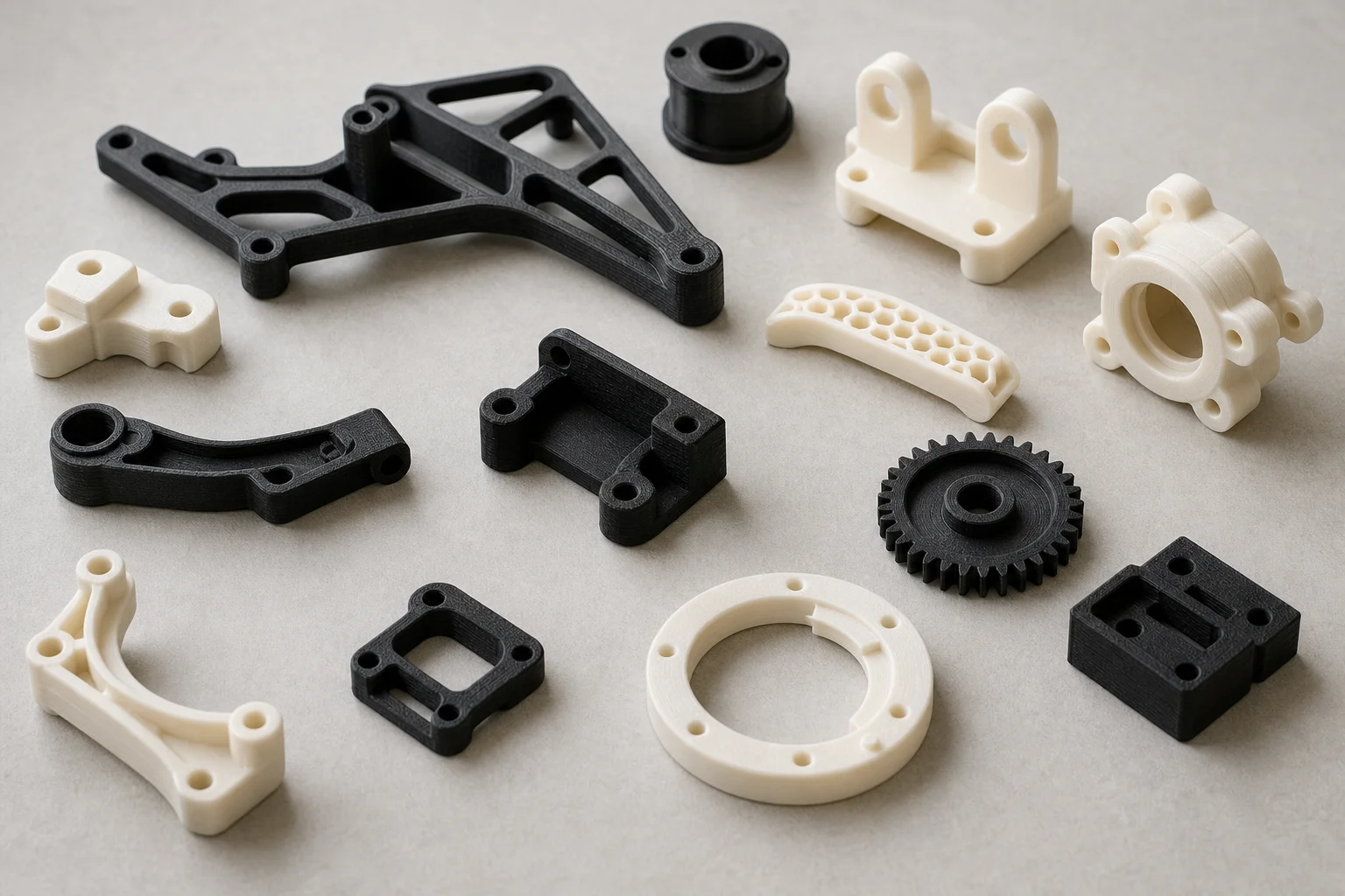 Verschiedene 3D-gedruckte Nylon-Halterungen und mechanische Komponenten auf einer Werkbank