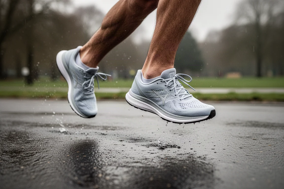 Nahaufnahme der Schuhe eines Läufers auf nassem Asphalt