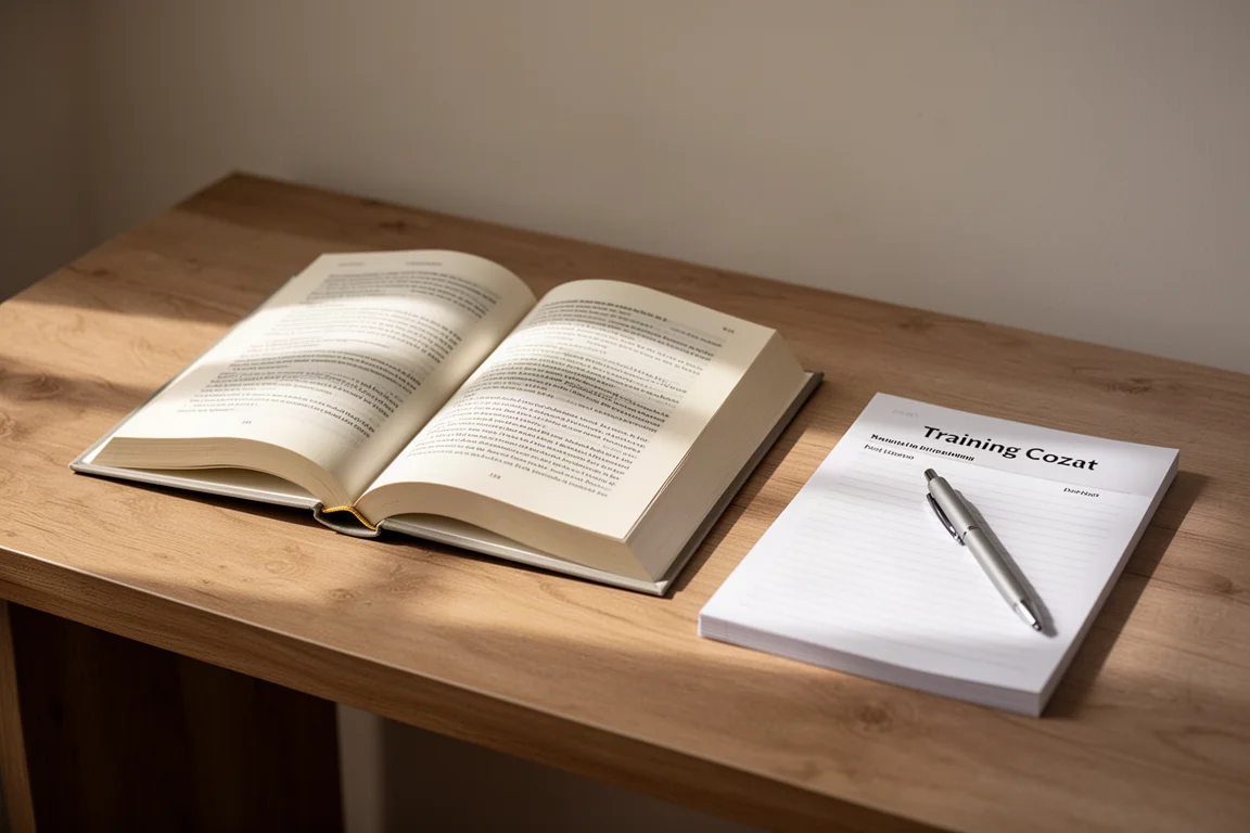 Offenes Buch und Trainingstagebuch auf einem Holztisch