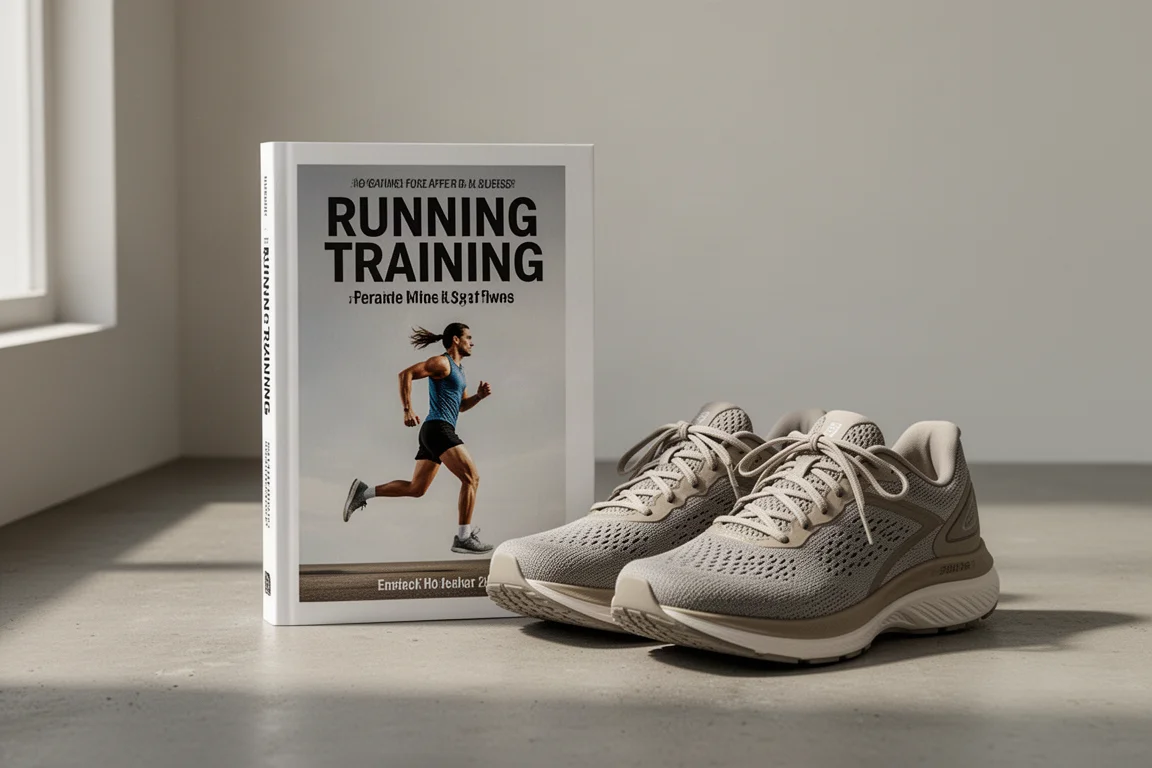 Paperback marathon training book beside running shoes on a concrete surface