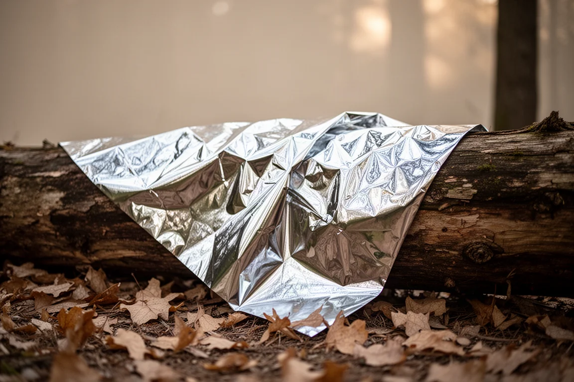 皺褶的反光銀色 mylar 薄膜披在森林中一條風化的倒木上