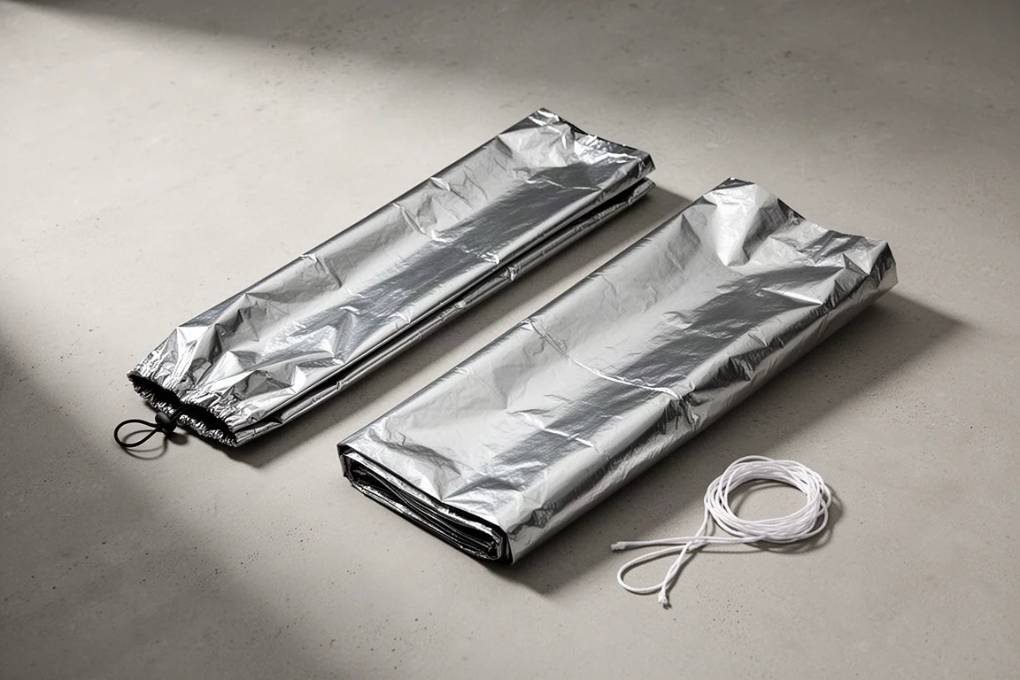 Folded silver mylar emergency tent and bivvy with cordage on a concrete surface