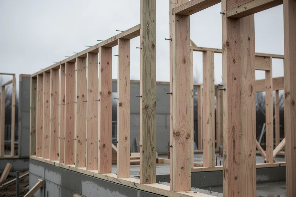 Houten wand in een kader onder constructie buiten bij zacht daglicht