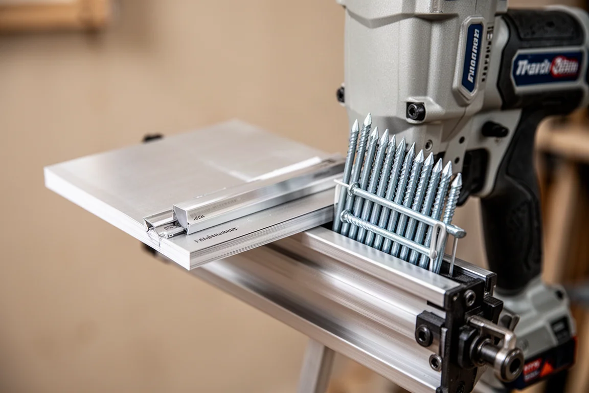 Close-up van een volledig aluminium spijkermagazijn op een framing tacker