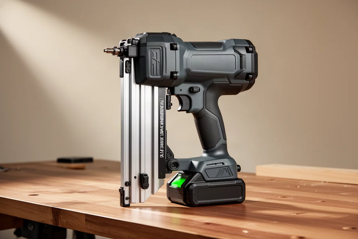 AEG A18F10FN cordless framing nailer with aluminium magazine on a workbench