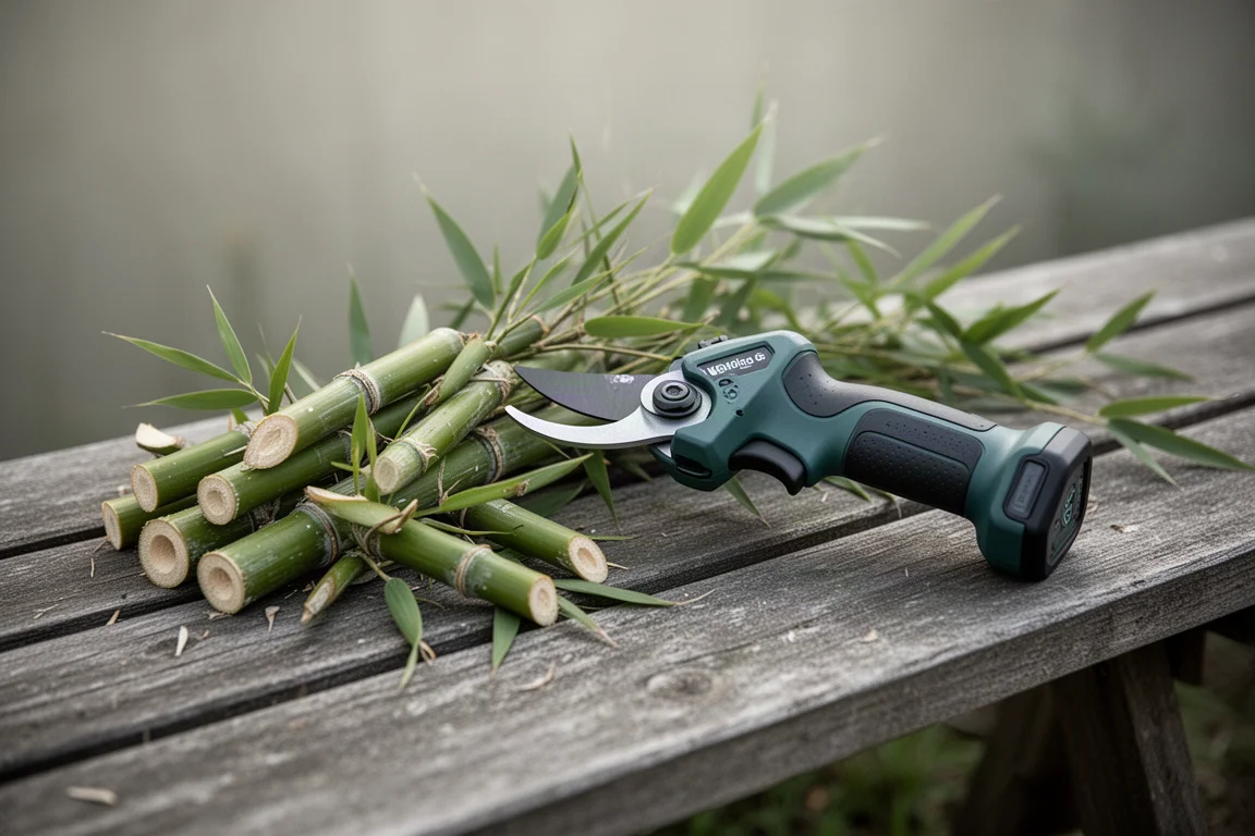 Accu-snoeischaar rustend op een tuinbank naast vers gesneden takken