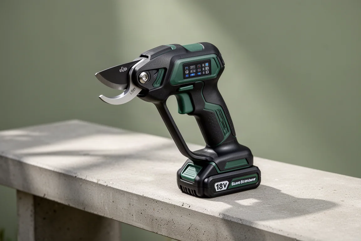 AEG ALP18 cordless pruning shears on a concrete garden bench