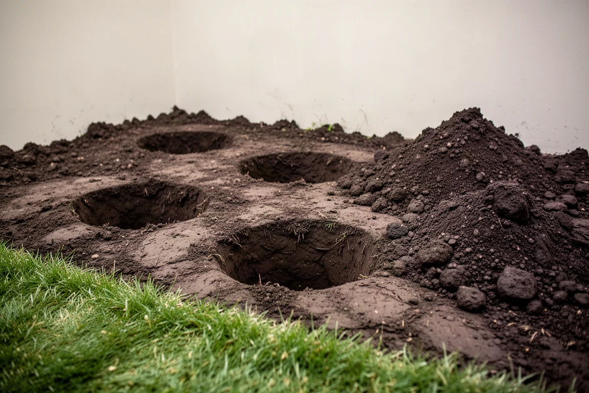 Tuintafland met vers gegraven gaten van verschillende formaten in kleigrond