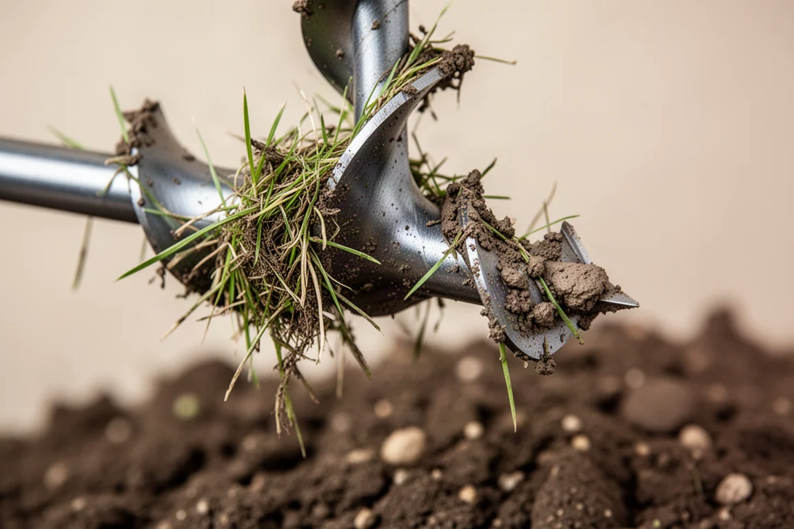 Close-up van een boorbit-hoofd dat vastzit door verwarde gras en klei