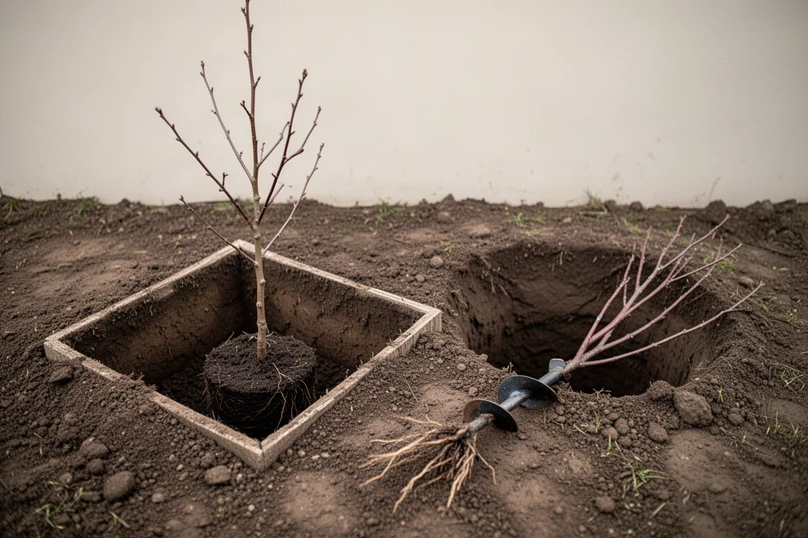 Vierkant plantgat in vaste grond naast een rond geboord gat