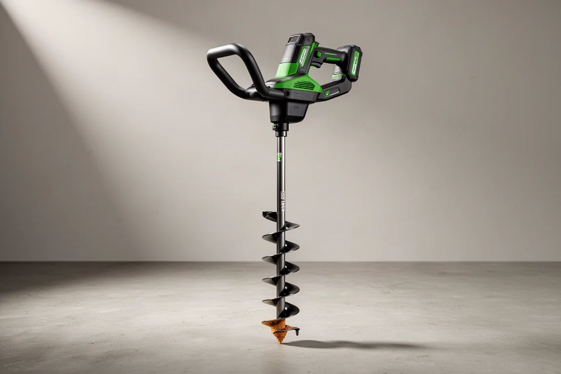 Cordless earth auger with spiral steel bit standing on concrete surface