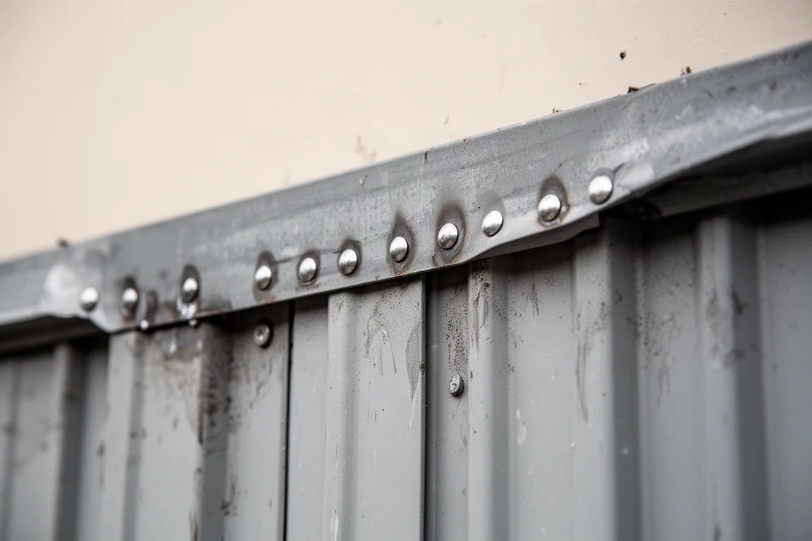 Gegolfde garagepoortrand die bij daglicht met nieuwe klinknagels wordt vastgezet
