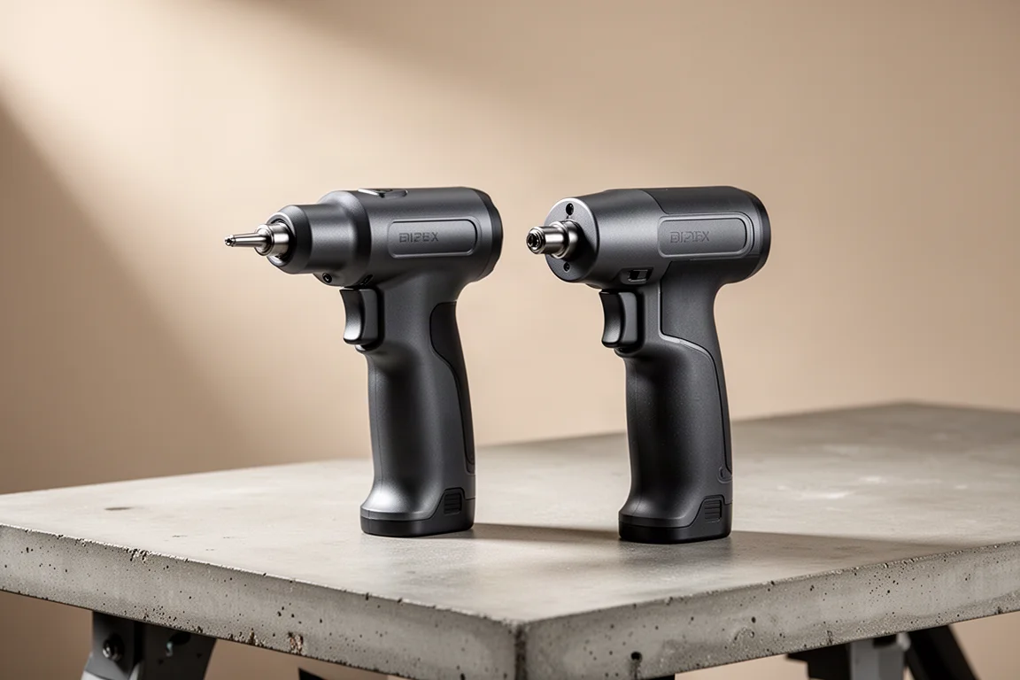 Two compact cordless rivet tools standing side by side on a workbench