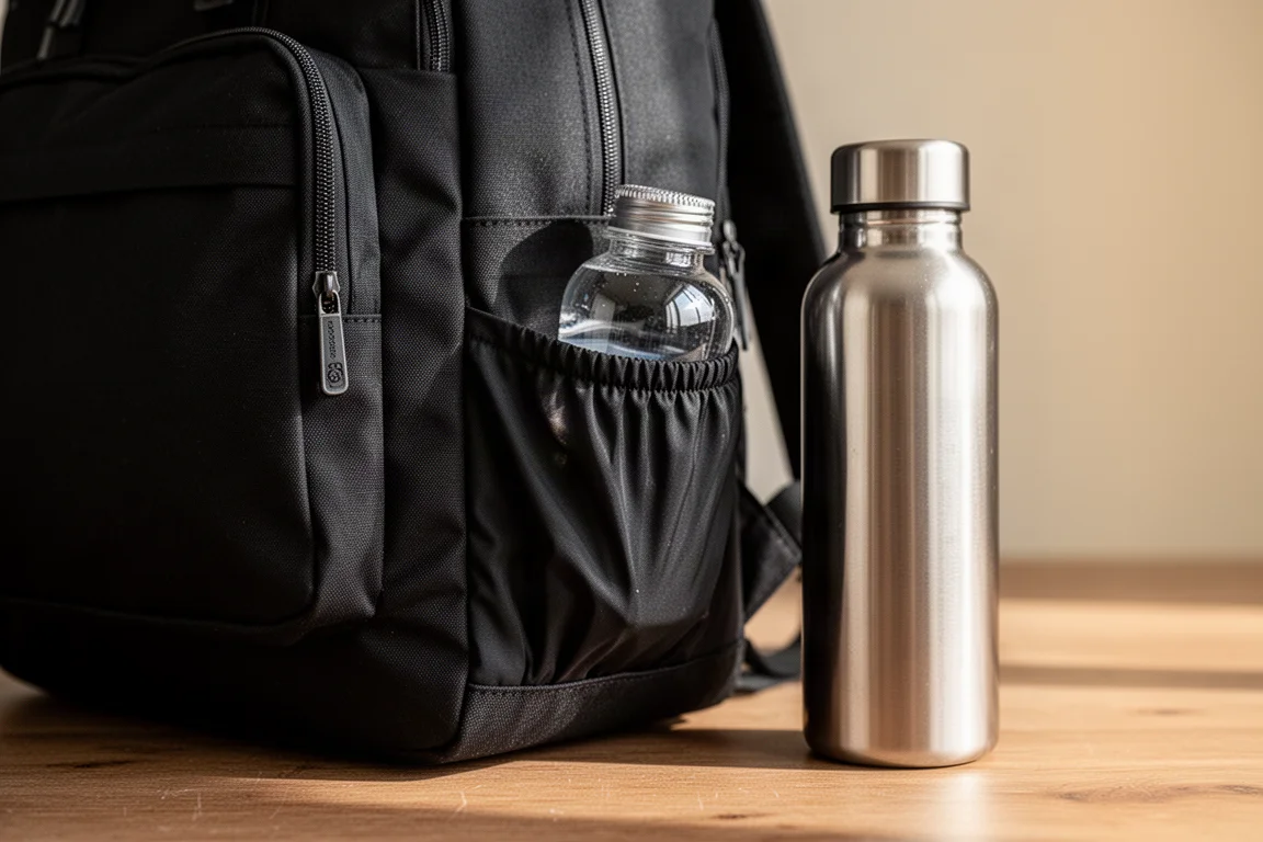 Nahaufnahme der akkordeonartigen Trinkflaschentasche an der Seite eines Rucksacks