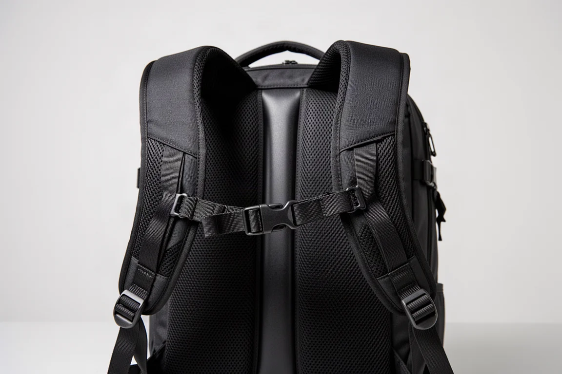 Detailansicht der Schultergurte und des gepolsterten Rückenpanels eines Rucksacks
