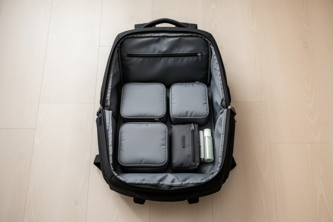 Geöffneter Rucksack mit großem Hauptfach und Packwürfeln im Inneren