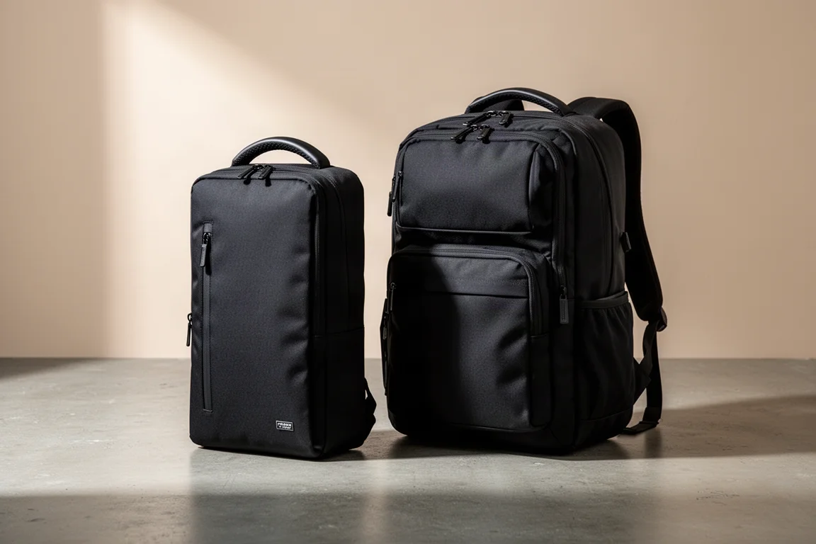 Zaini Aer City Pack Pro 2 e Aer Travel Pack 3 Small affiancati su cemento