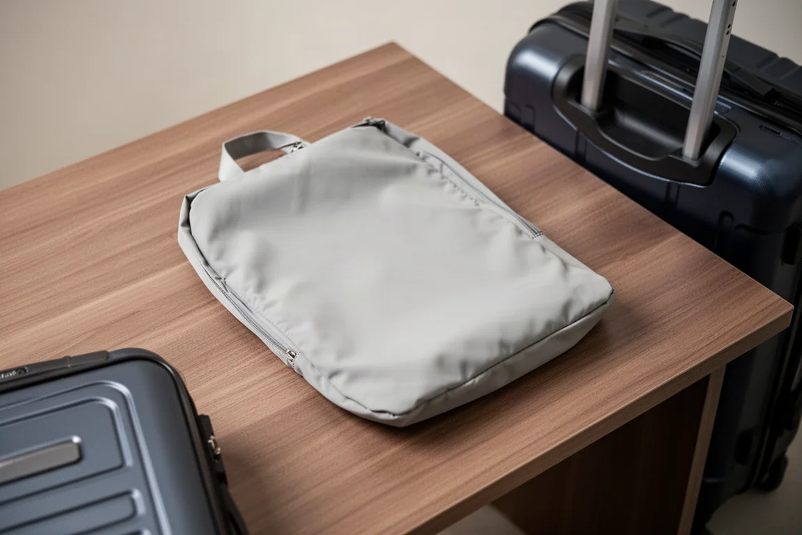 Mochila vacía y plana sobre un escritorio junto a una maleta de cabina con ruedas