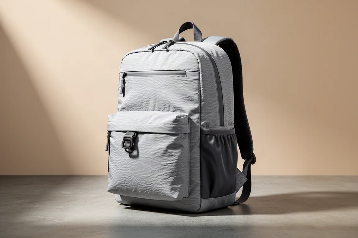 Light grey minimalist nylon backpack standing on a concrete surface