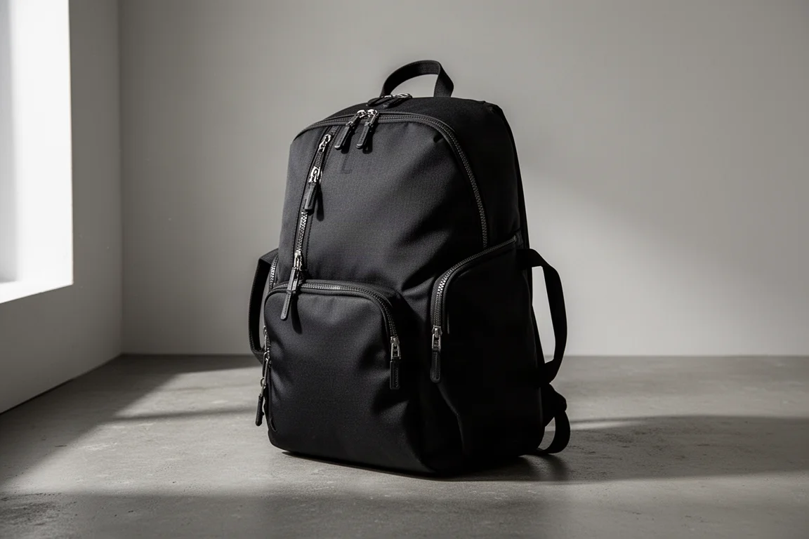 Black tapered travel backpack standing on a matte concrete surface