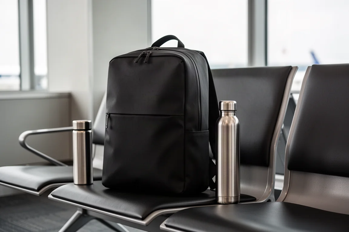 Mochila de viagem preta minimalista no assento de um aeroporto ao lado de uma garrafa de água fina