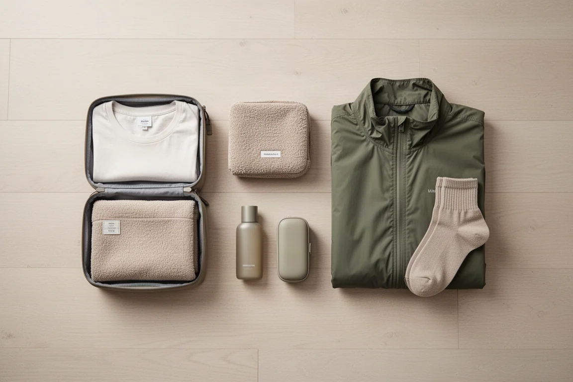 Packing cubes, toalha, corta-vento e kit de higiene dispostos em um piso de madeira