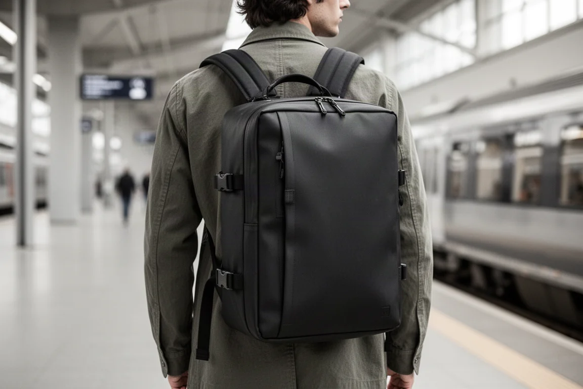 Viajante usando uma mochila preta quadrada em uma estação de trem, vista traseira