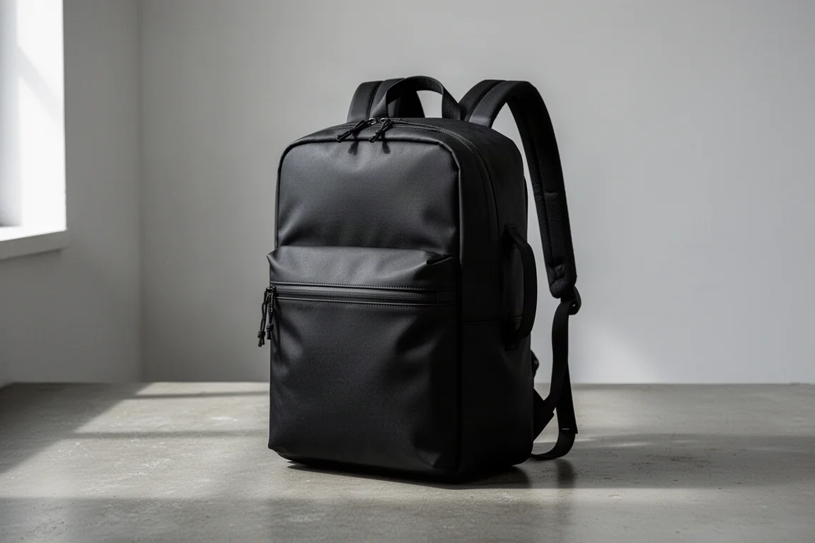 Matte black minimalist travel backpack standing on a concrete surface