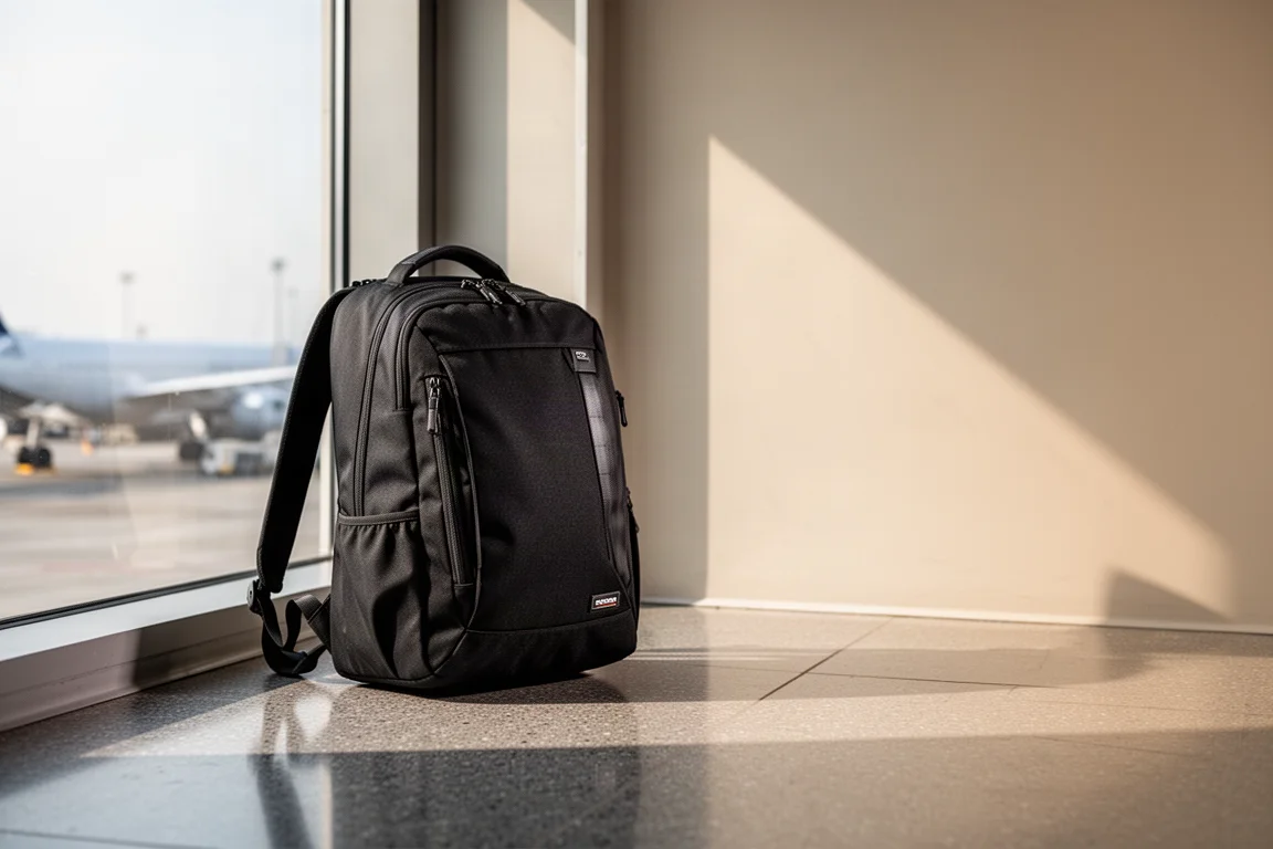 Schwarzer Reiserucksack steht am Flughafen in der Nähe eines Fensters