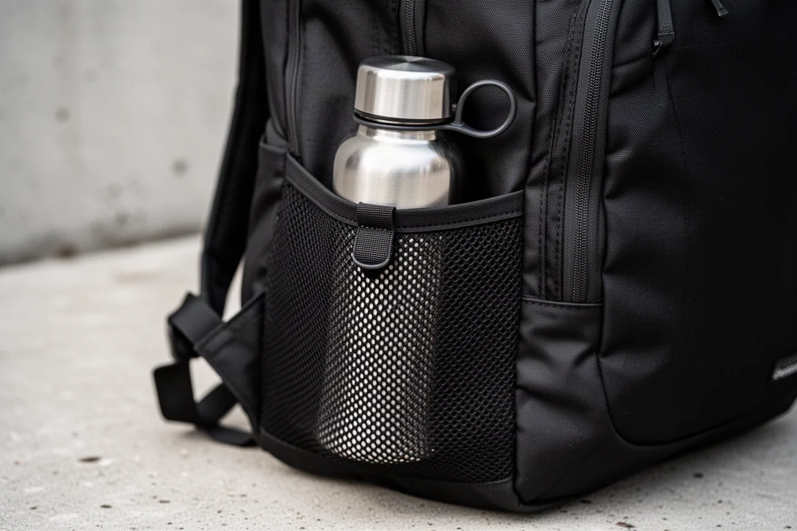 Nahaufnahme einer dehnbaren Netzflaschentasche mit Flasche an einem Rucksack
