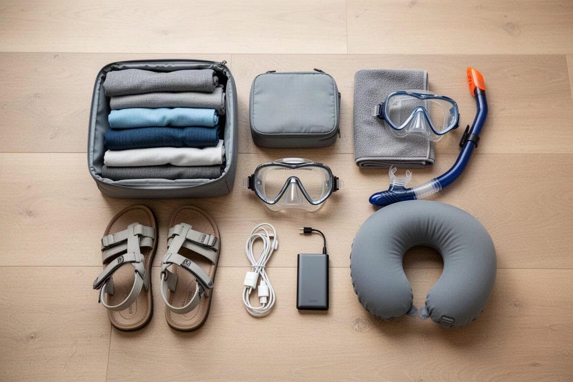 Flat-Lay von oben mit Reiseausrüstung, Packwürfel, Kameraequipment und Kulturbeutel
