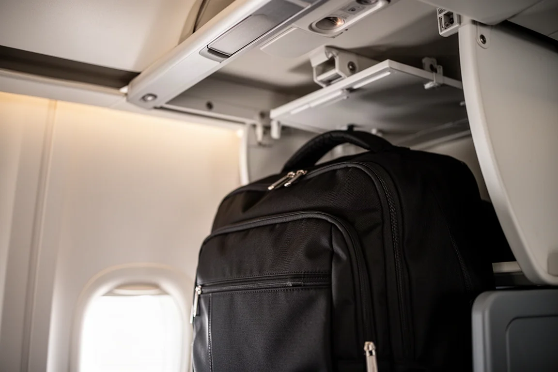Rucksack beim Boarding im Gepäckfach eines Flugzeugs verstaut