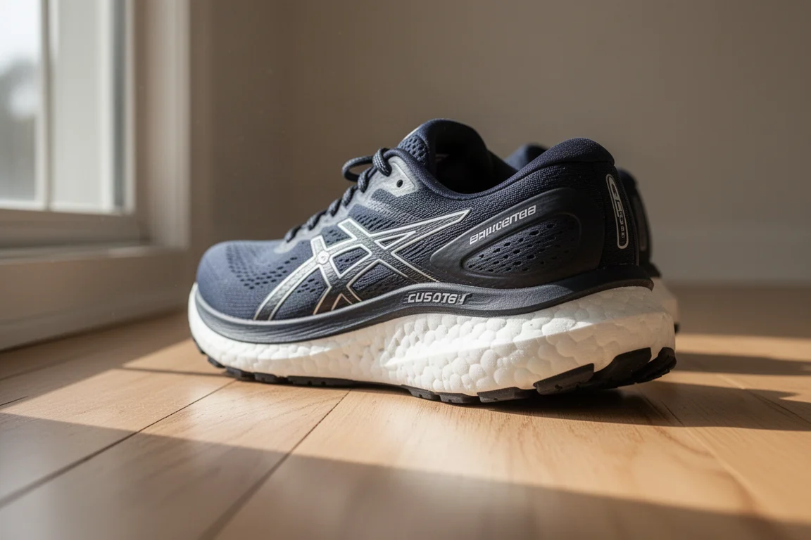 Un corredor recoge una zapatilla de running en un suelo de madera